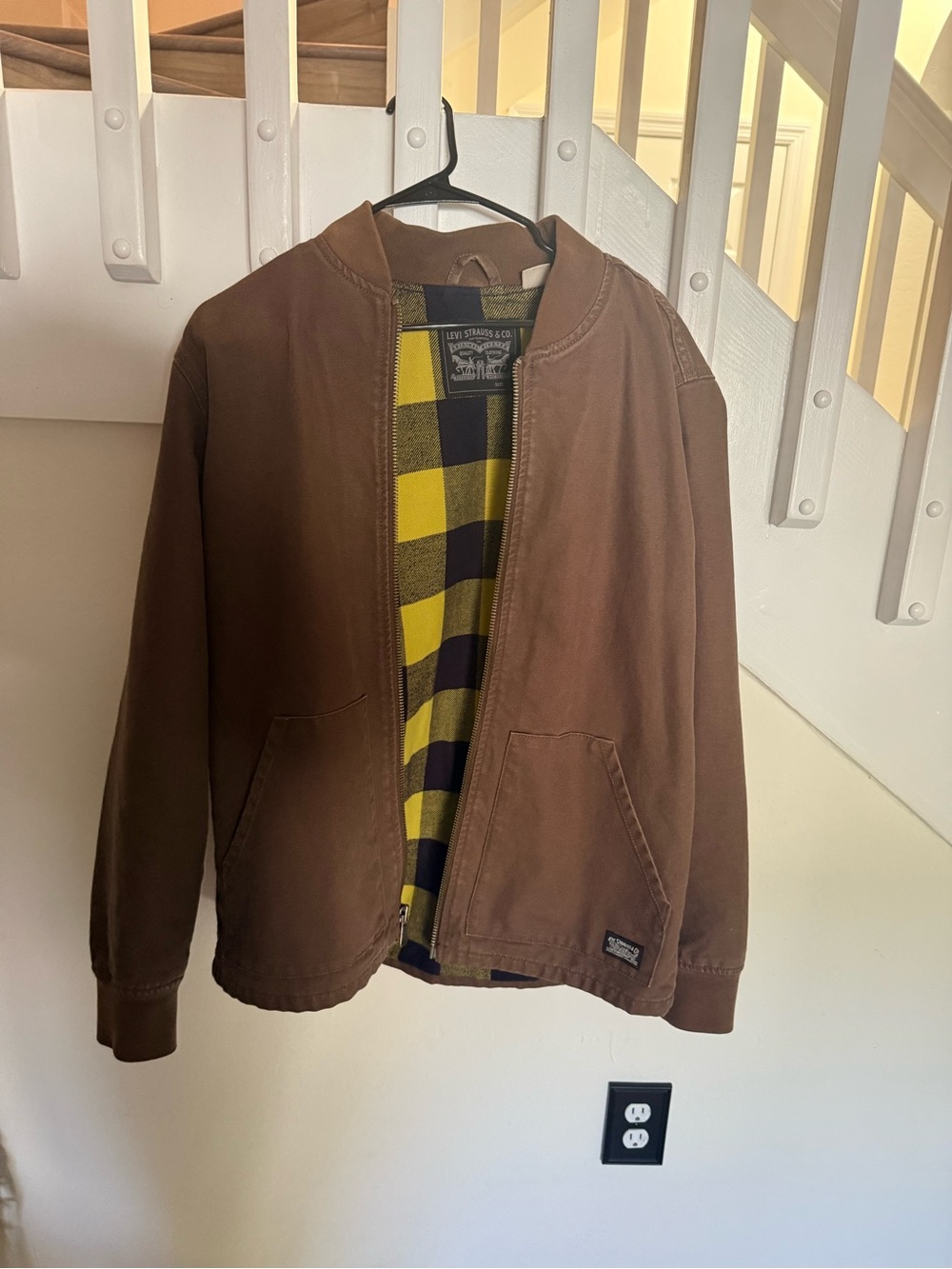 Levi's Brown Bomber Jacket with Yellow & Black Plaid Lining